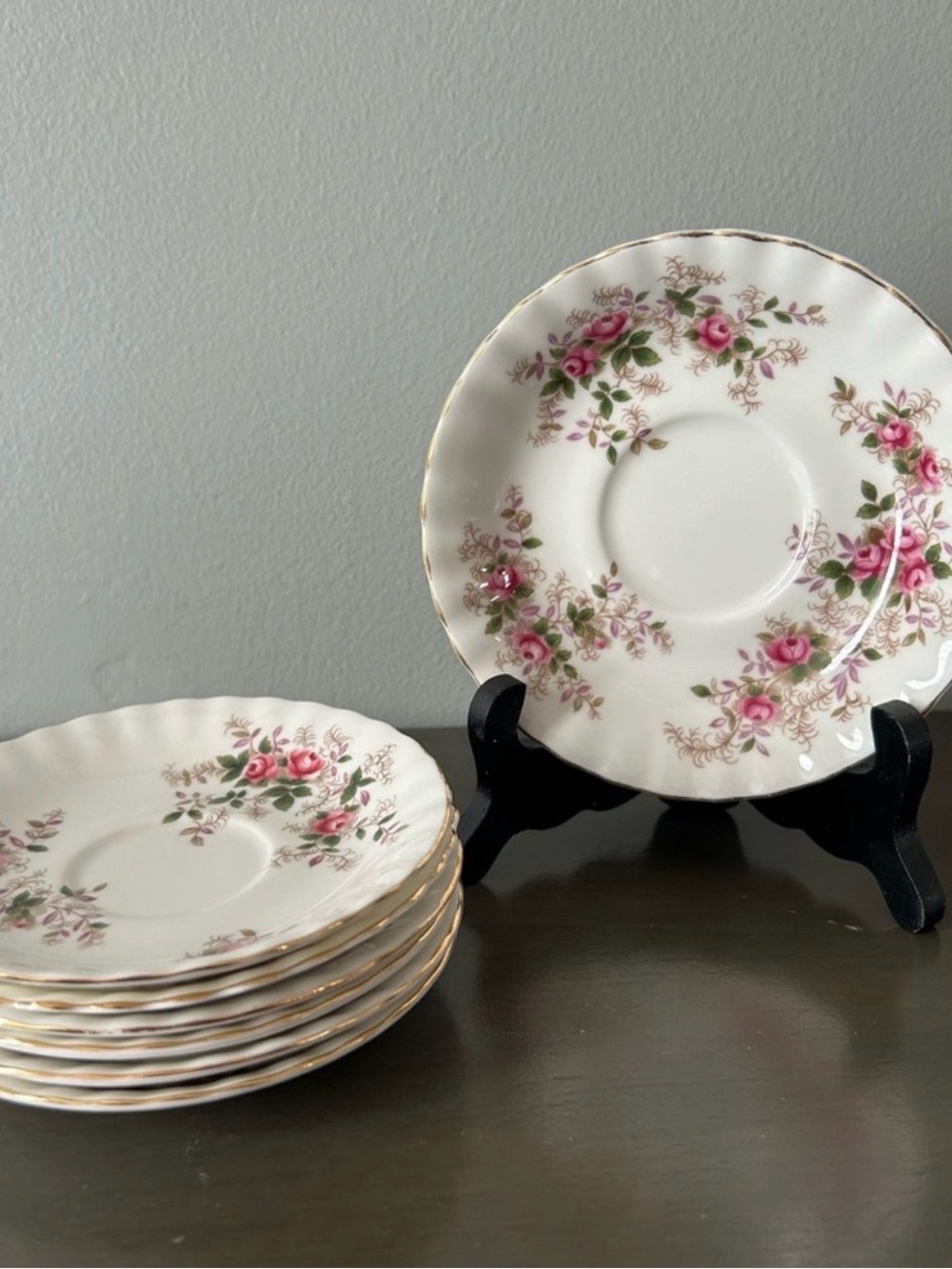 6 Royal Albert Pink Rose Floral Saucers on Cream Background with Gold Trim